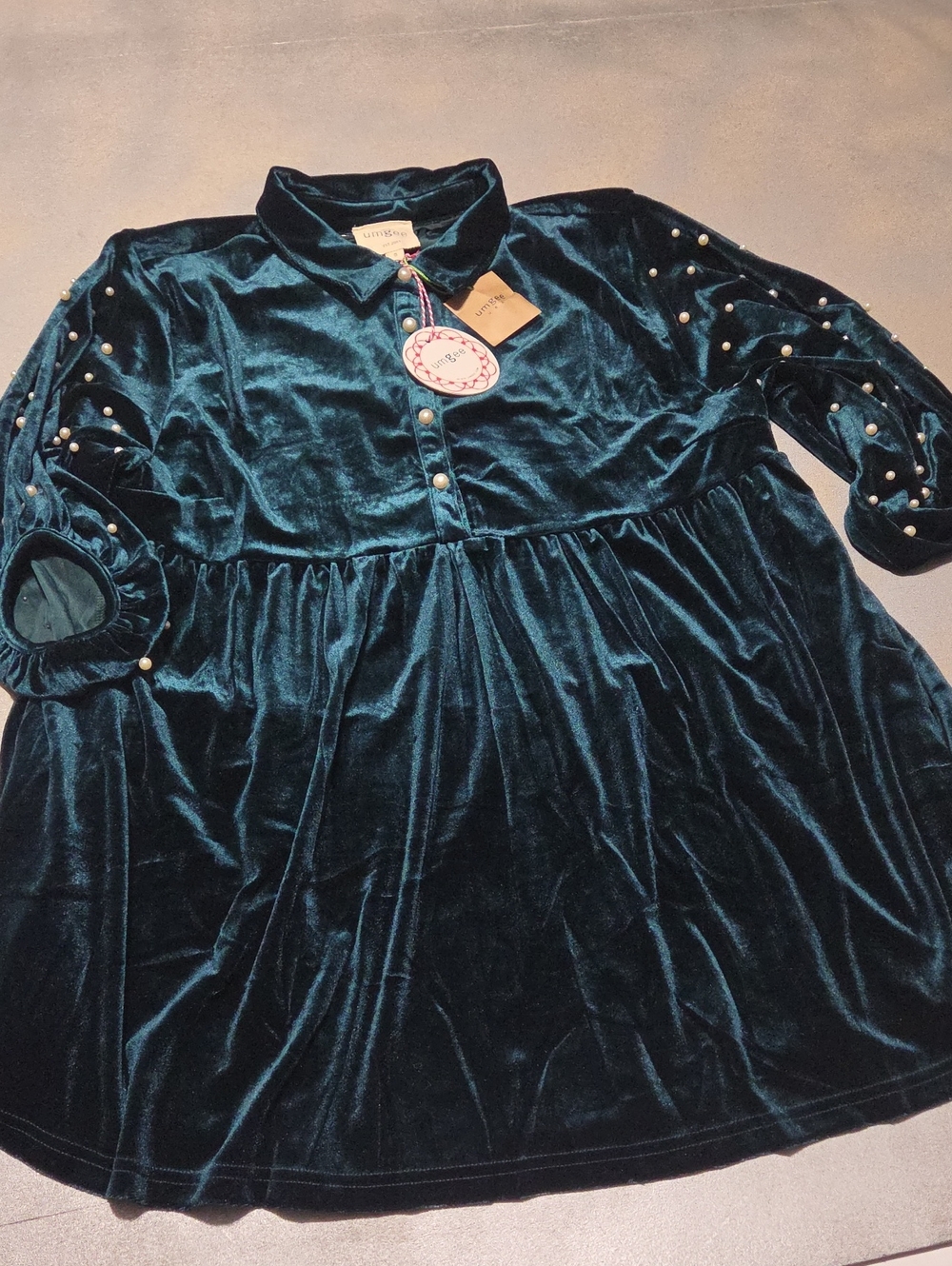 Umgee Teal Velvet Pearl-Trim Button-Up Peplum Blouse